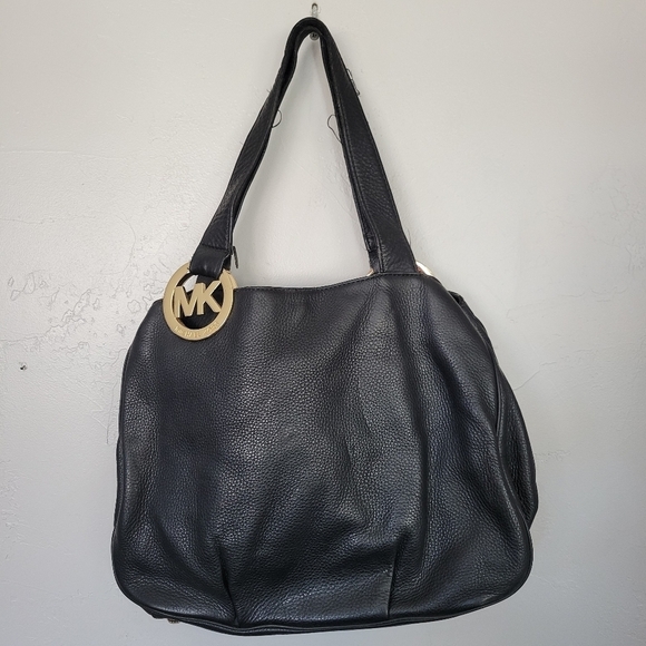 Michael Kors MK Black Pebbled Leather Shoulder Bag Purse Gold Designer Large - Picture 1 of 14